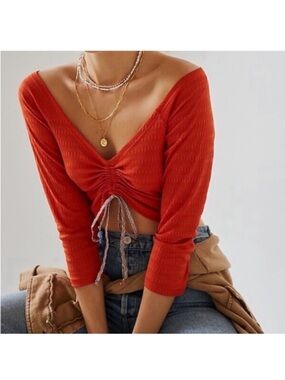 Anthropologie Pilcro Sabrina Orange Ruched Drawstring V-Neck Top Size Medium
